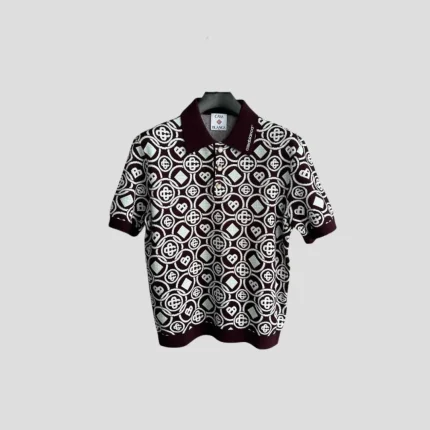 Casablanca Monogram Cotton Knit Polo Shirt In Burgundy With A Dark Brown And White All-OIver Monogram Pattern