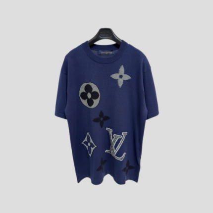 LV Monogram Short-Sleeved Knitted Crewneck In A Dark Blue Cotton Blend