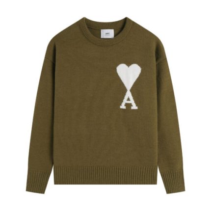 Ami Paris De Coeur Felted Merino Wool Sweater Olive Green