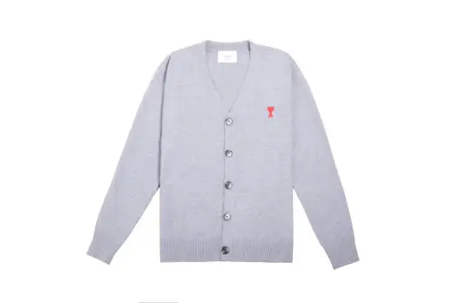 Ami Paris Ami De Coeur Extrafine Merino Wool Cardigan Grey