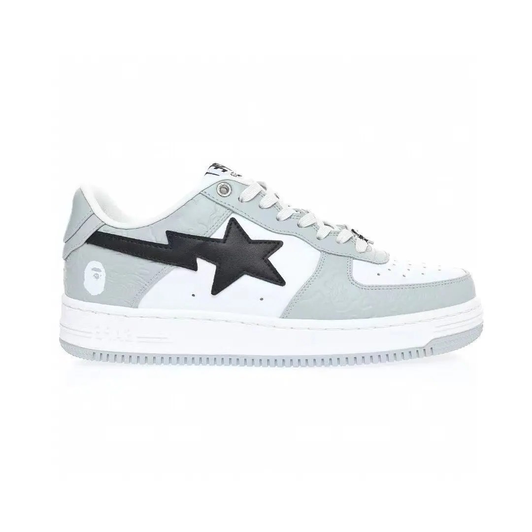 A Bathing Ape Bape Sta Grey Black – Premium White Grey Black Patent Leather Sneakers