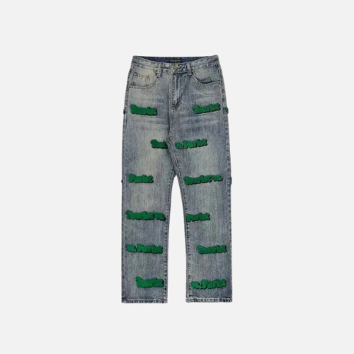 LV Denim Jeans Green Embroidery