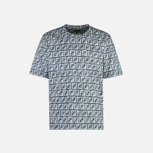 Fendi Blue Cotton T-shirt With All-Over FF Motif Print
