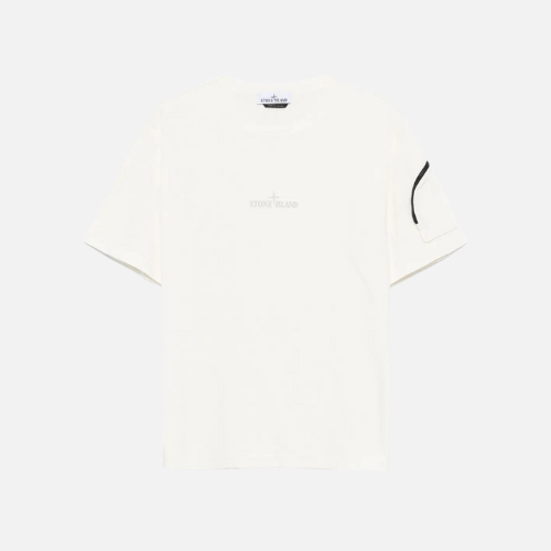 Stone Island Logo-Print Cotton T-shirt With A Sleeve Zip Pocket White