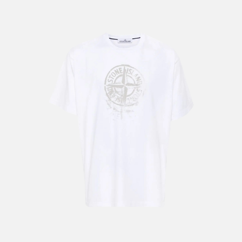Stone Island Compass-Print White Cotton T-shirt