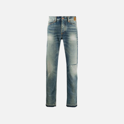 Palm Angels Regular Fit Distressed Cotton Denim Jeans Blue Vintage Wash