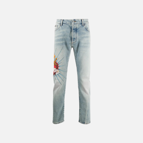 Palm Angels Sacred Heart Print Jeans Light Blue Denim