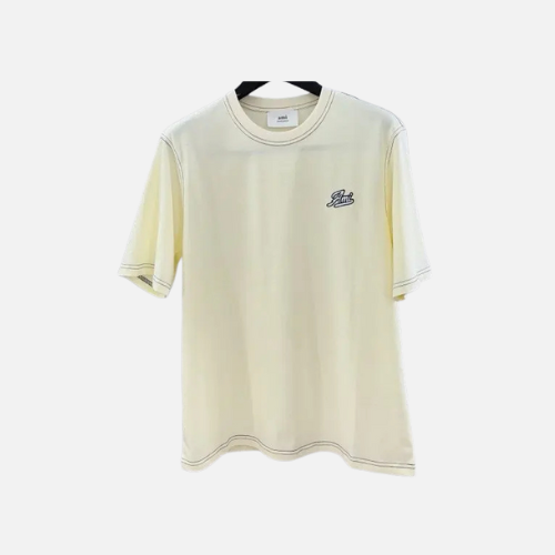 AMI Paris Signature T-shirt Cream Organic Cotton With Contrast Topstitching