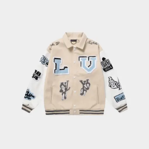LV Multi-Patches Mixed Leather Varsity Jacket Cream/White