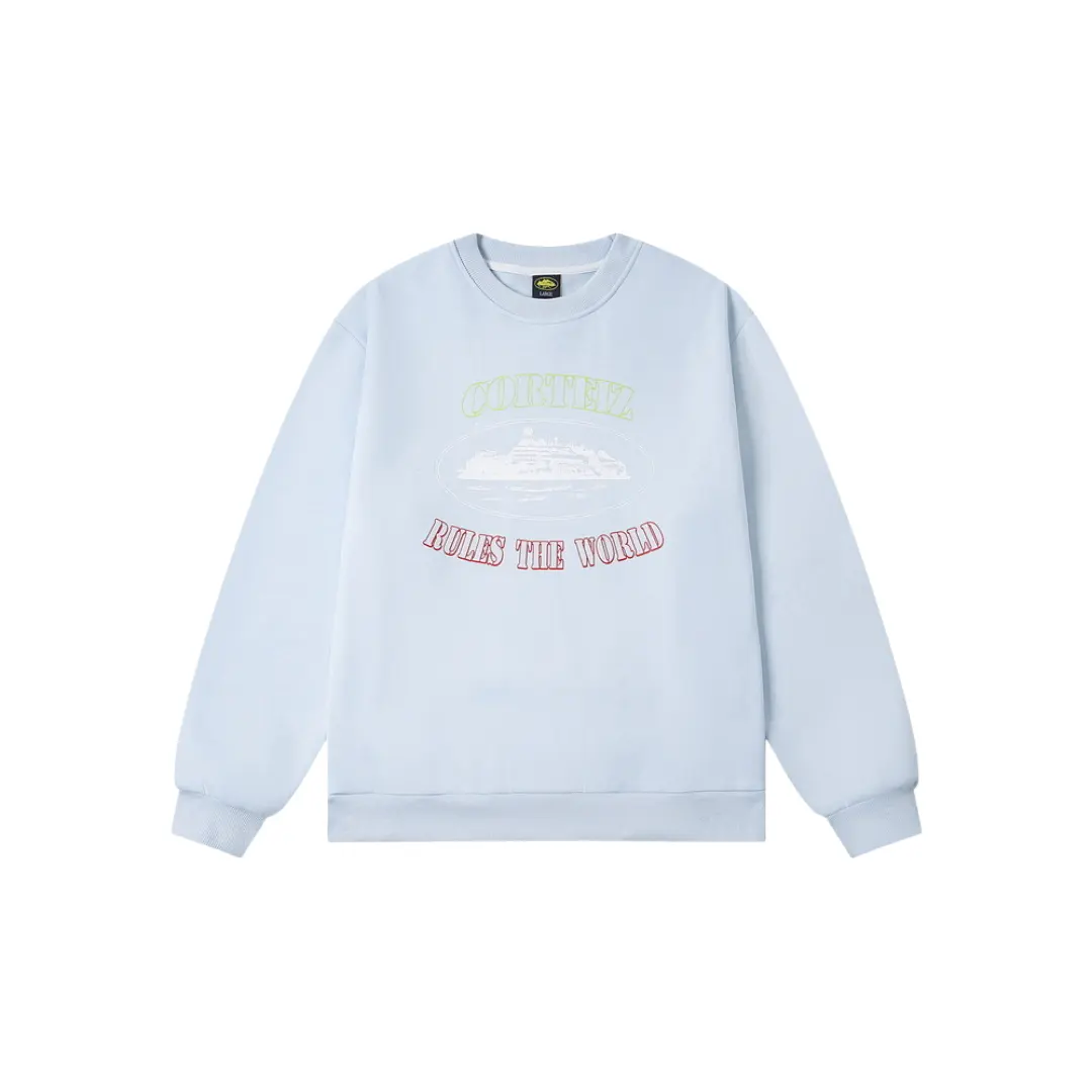 Corteiz Alcatraz Classic Letter Logo Print Casual Fleece Sweatshirt Light Blue