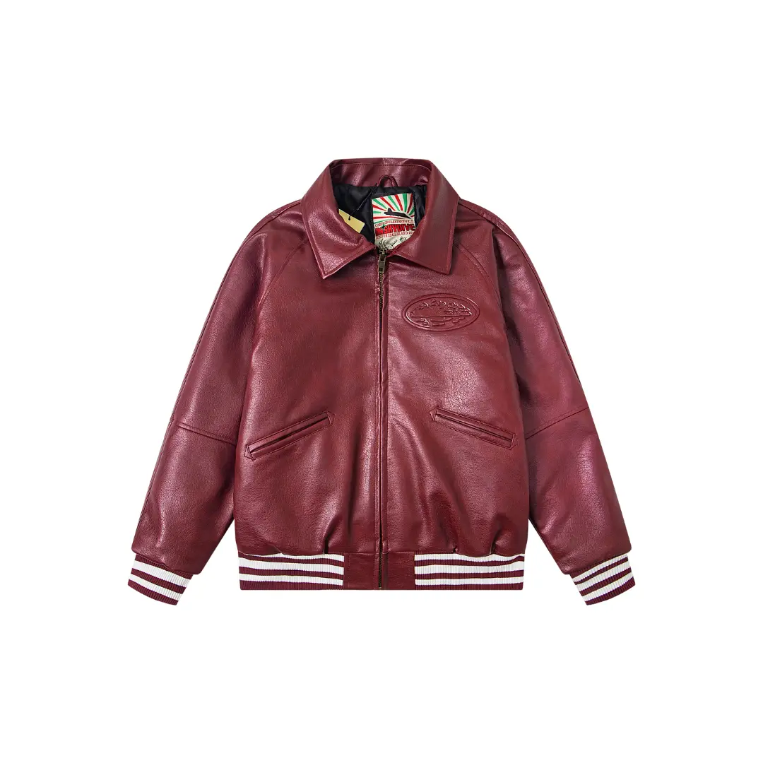 Corteiz Leather Jacket Burgundy
