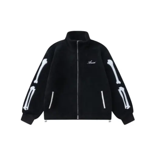 Amiri Bones Appliqued Logo Embroidered Fleece Jacket Black