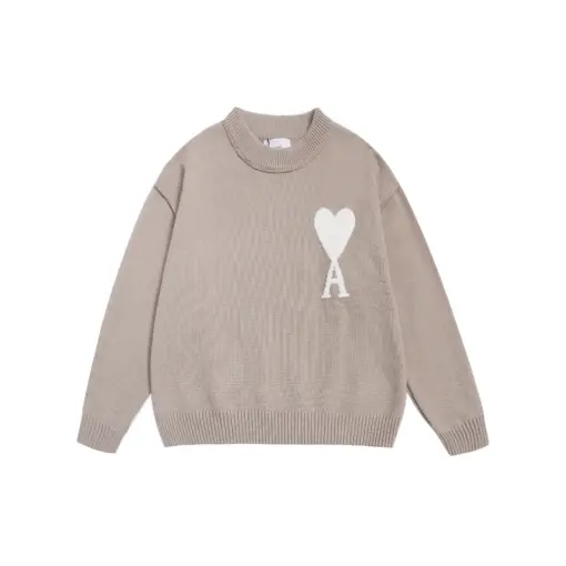 Ami Paris De Coeur Wool Crewneck Sweater Beige With White Intarsia Heart Logo