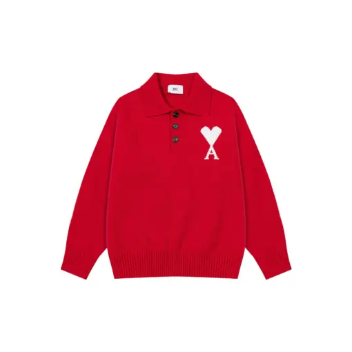 Ami Paris White Heart Jacquard Alpaca Blend Loose Polo Neck Pullover Sweater Red