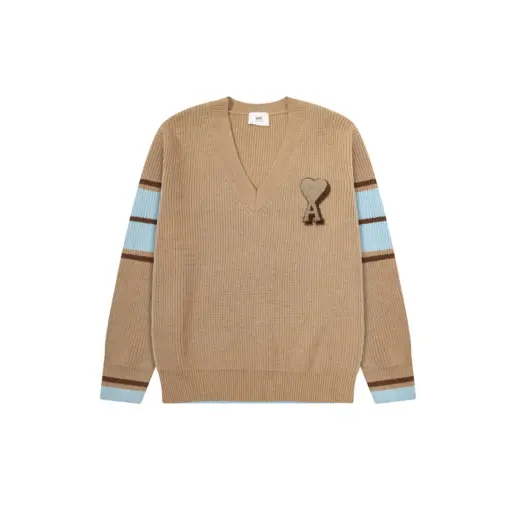 Ami Paris Heart Shaped Towel Embroidery Jacquard ADC Wool V Neck Sweater Camel
