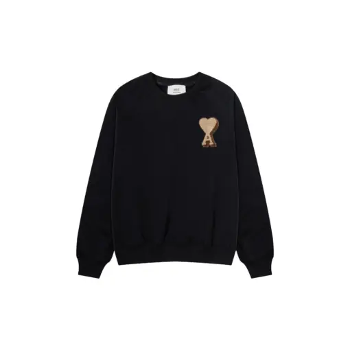Ami Paris Towel Embroidered Large Heart Towel Embroidered Raglan Crew Neck Pullover Sweatshirt Black