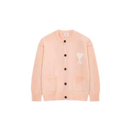 Ami Paris ADC Merino Heart Shaped Alpaca Blend Soft Cozy Knit Cardigan Round Neck Sweater Light Pink
