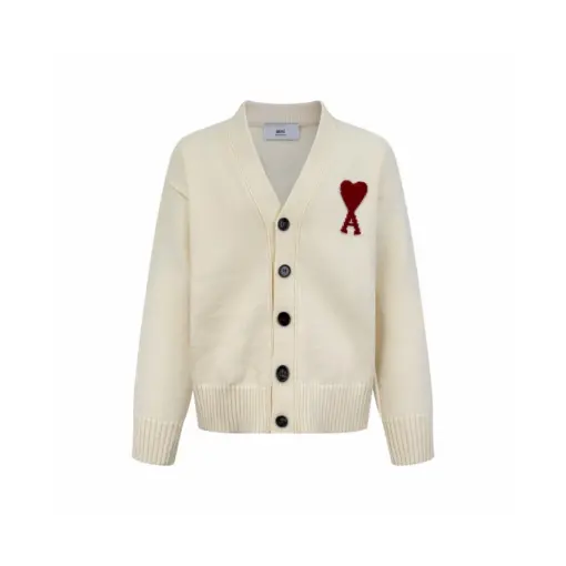 Ami Paris Heart Shaped Cardigan Wool Sweater Cream
