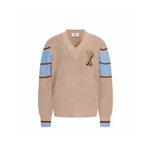 Ami Paris Brown Wool College Cardigan Camel With Sky Blue