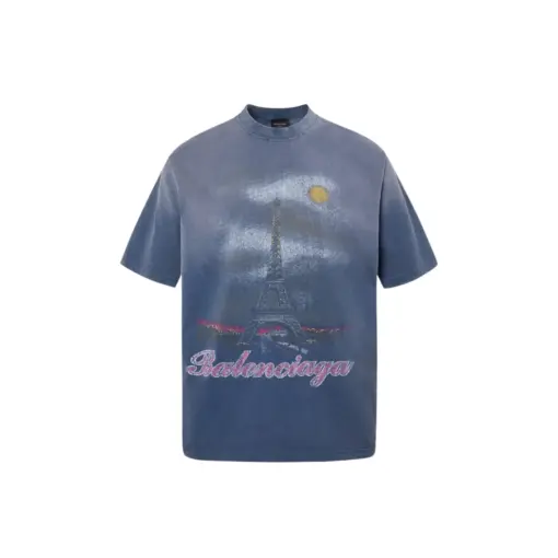 Balenciaga Paris Short Sleeve Oversized T Shirt Faded Blue