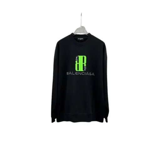 Balenciaga Oversized Full Black Sweater With Green Embosed Monogram