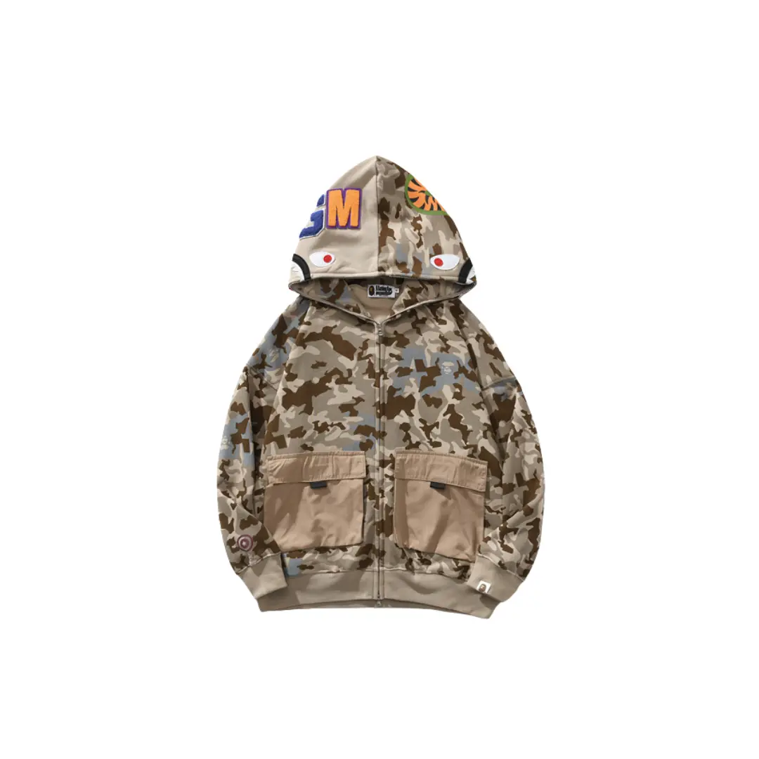 BAPE Sand Camo Big Pocket Oversized Shark Full Zip Hoodie Beige
