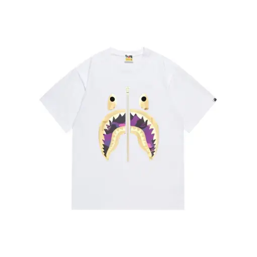 BAPE Camo Purple Yellow Flame Shark Face Design T Shirt White