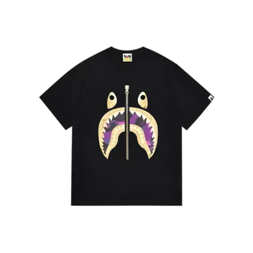 BAPE Camo Purple Shark Face Design T Shirt Black