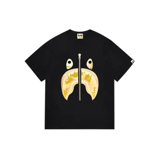 BAPE Camo Shark Face Black T Shirt Yellow Flame Design