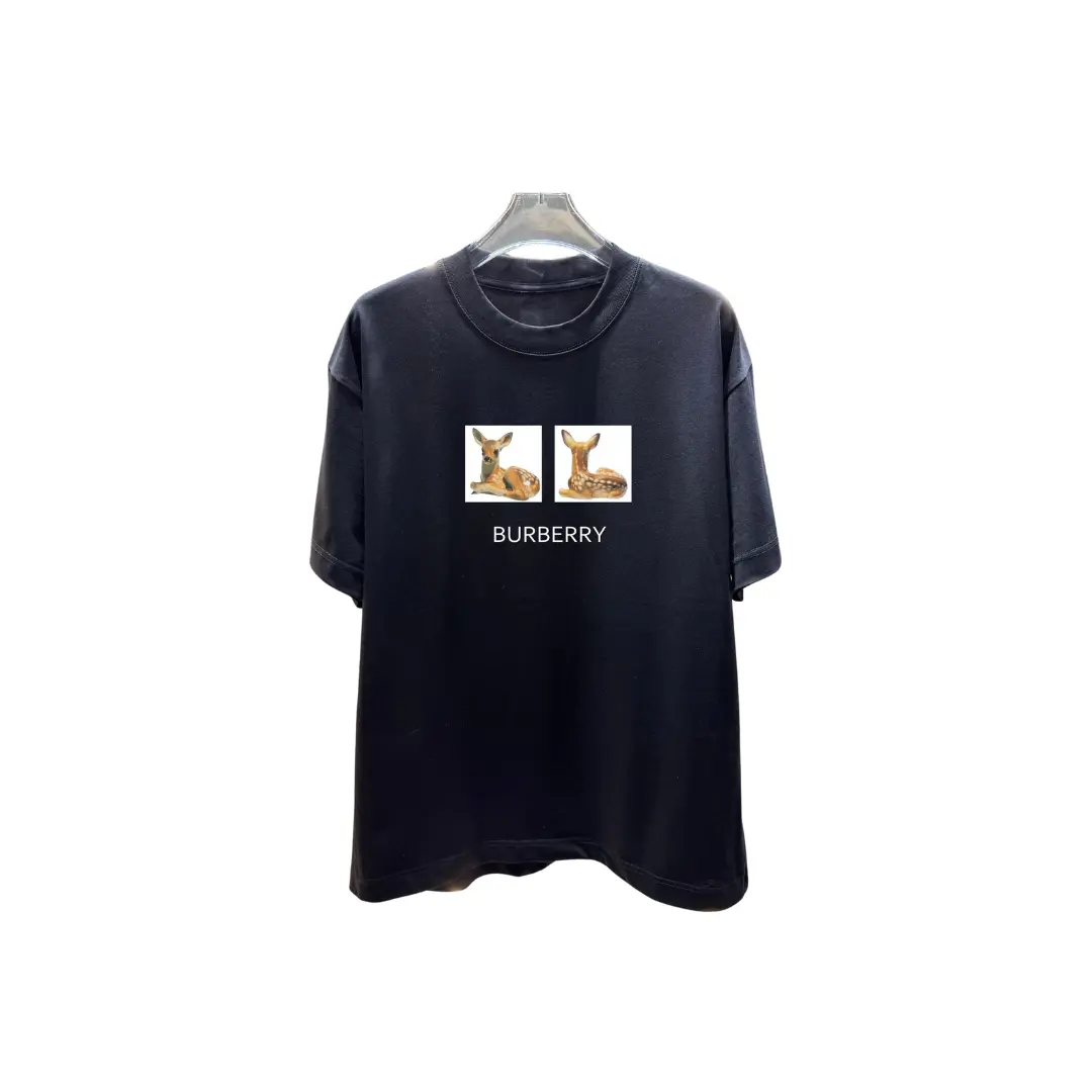 Burberry Deer Print Cotton T Shirt Black