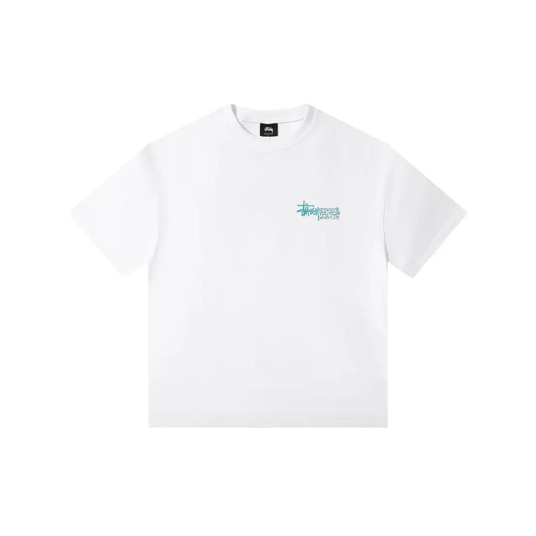 Stussy T Shirt All White With Sky Blue Logo