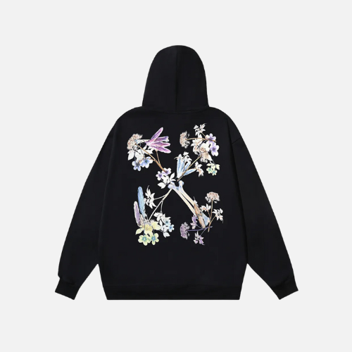 Hoodie Off-White Black With Floral Print