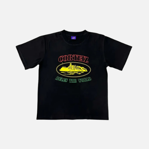 Corteiz OG Carni Alcatraz T-shirt Black With A Red, Yellow, And Green Logo Print