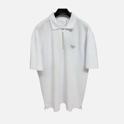 Prada Zipped Metal Logo Polo T-Shirt White