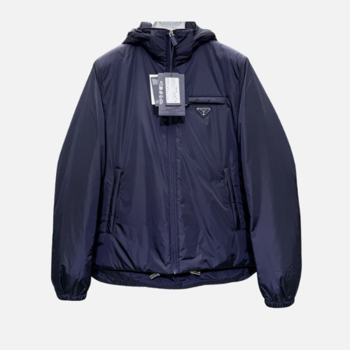 Prada Logo Hooded Puffer Jacket Navy Blue