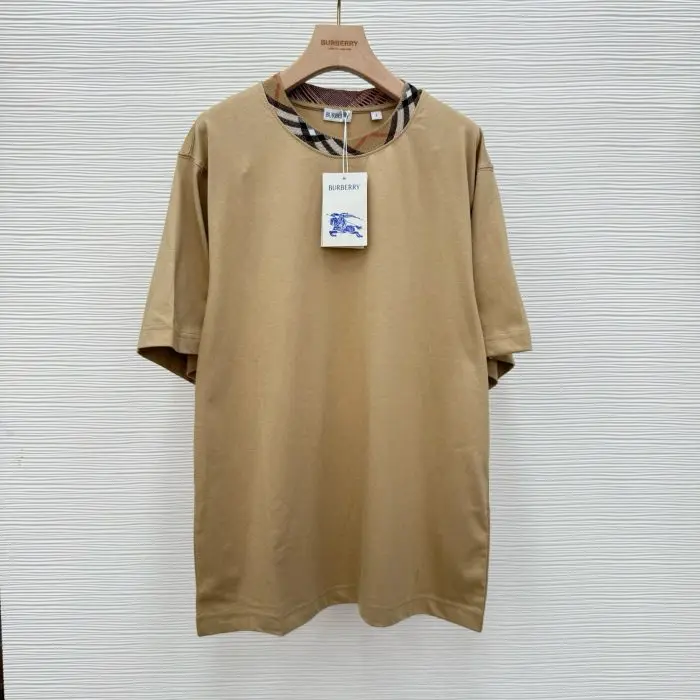 Check Trim Cotton T-shirt Beige