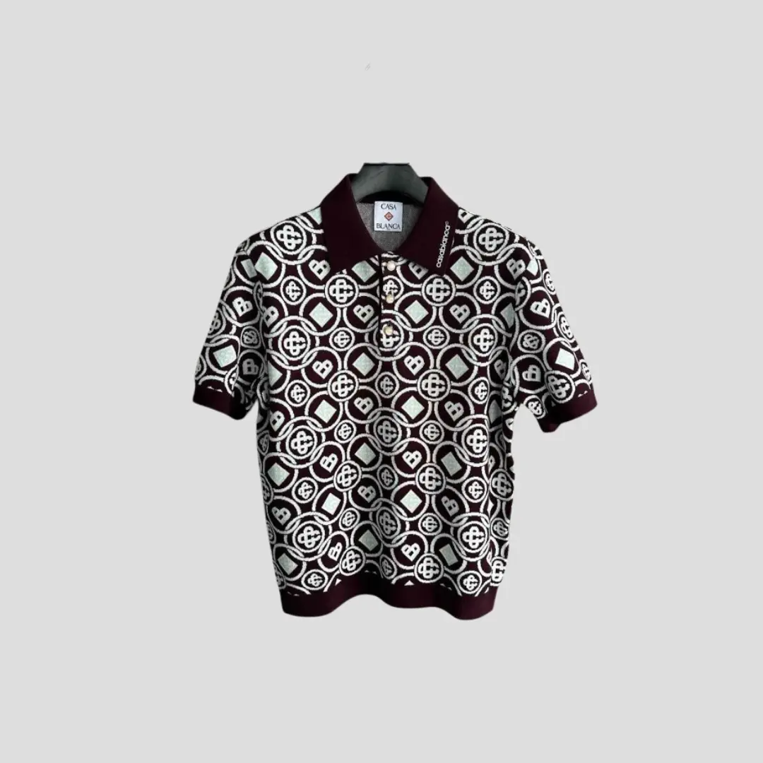Casablanca Monogram Cotton Knit Polo Shirt In Burgundy With A Dark Brown And White All-OIver Monogram Pattern
