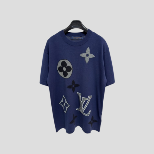 LV Monogram Short-Sleeved Knitted Crewneck In A Dark Blue Cotton Blend