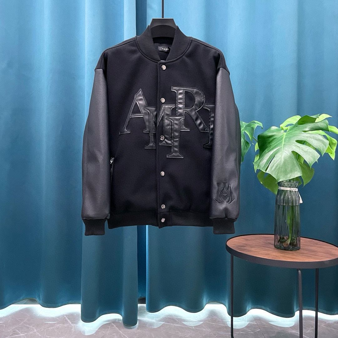 AMIRI Wool Leather Varsity Jacket Black