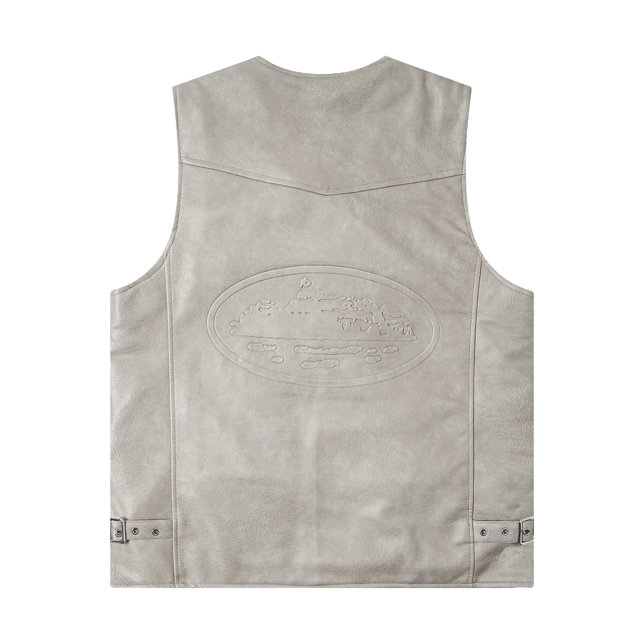 Corteiz Devil’s Island Retro PU Leather Vest Jacket Gray - Imagen 2